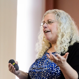 WAA Award for Excellence in Leadership: College, School or the Larger University Community Level Eve Fine, associate scientist in the Women in Science and Engineering Leadership Institute (WISELI) in the College of Engineering, educates university staff how to minimize unconscious bias in the employee-hiring process as she leads a section of a Division of Continuing Studies workshop at 21 N. Park Street at the University of Wisconsin-Madison on March 23, 2017. Fine is one of eight recipients of a 2017 Academic Staff Excellence Award (ASEA). (Photo by Jeff Miller/UW-Madison)