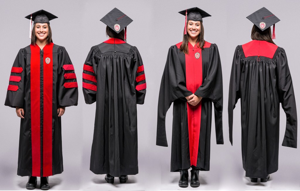 The new gowns for graduation for advanced degrees, with Ph.D. on the left, front and back, and master's degree on the right.