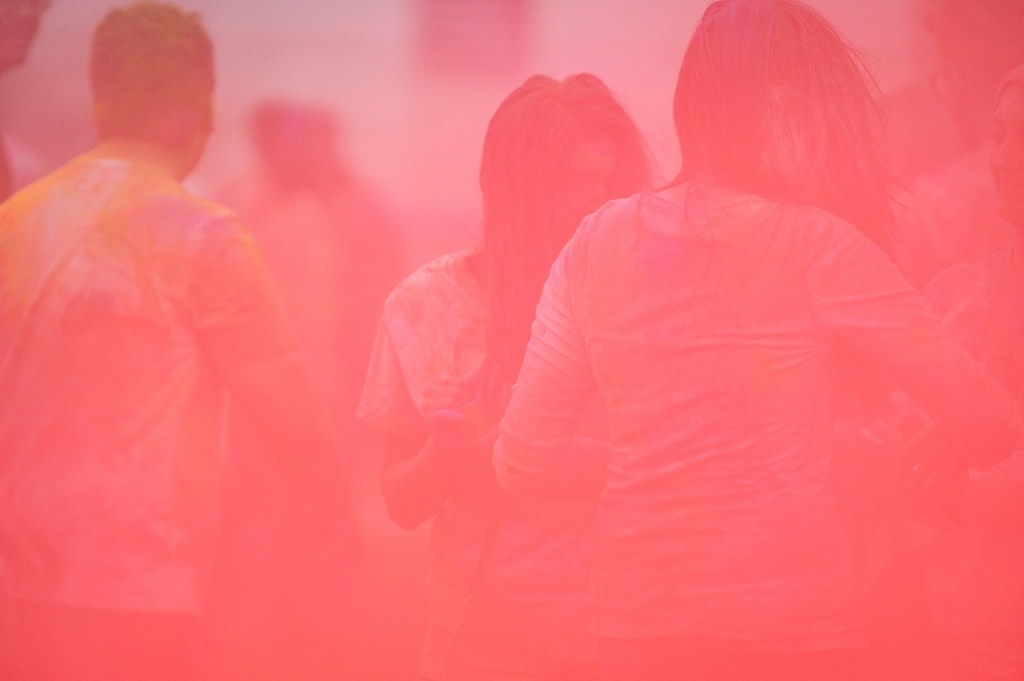 Hundreds of students participate in the spirited Hindu tradition of throwing colored powder during Rang de Madison, a Holi festival of color hosted by the Madison Hindu Students Association outside of Dejope Residence Hall at the University of Wisconsin-Madison on April 15, 2017. The event, which celebrates the arrival of spring and victory of good over evil, was held in collaboration with UW-Madison's India Students Association and Indian Graduate Students Association. (Photo by Jeff Miller/UW-Madison)