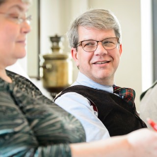 Patrick Brenzel, faculty services coordinator in the Department of Sociology at the University of Wisconsin-Madison, holds a meeting in the University Club on April 11, 2017. Brenzel is a recipient of a 2017 University Staff Recognition Award. (Photo by Bryce Richter / UW-Madison)