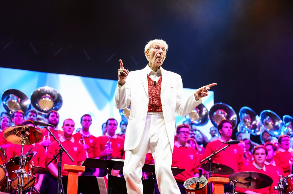 Band director Mike Leckrone, 80 and now in his 47th year at UW-Madison, directs the 43rd annual UW Varsity Band Spring Concert at the Kohl Center at the University of Wisconsin-Madison on April 20, 2017. This year's concert, entitled "Nobody Does It Better: 20 Years at the Kohl," comes after Leckrone's return to campus following recovery from a medical procedure this past winter. (Photo by Jeff Miller/UW-Madison)