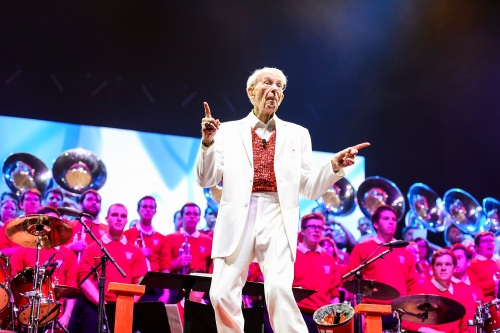 Band director Mike Leckrone, 80 and now in his 47th year at UW–Madison, directs the 43rd annual UW Varsity Band Spring Concert at the Kohl Center at the University of Wisconsin–Madison on April 20, 2017. This year's concert, entitled "Nobody Does It Better: 20 Years at the Kohl," comes after Leckrone's return to campus following recovery from a medical procedure this past winter. (Photo by Jeff Miller/UW-Madison)