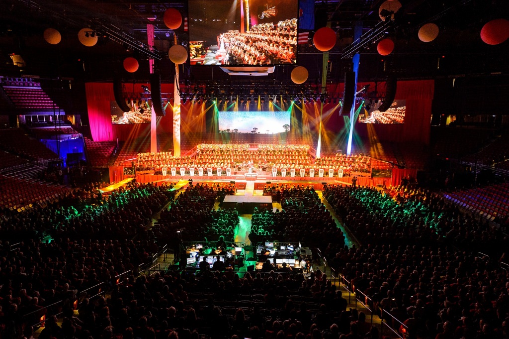 The UW Varsity Band performs a "Lion King" medley during the 43rd annual UW Varsity Band Spring Concert at the Kohl Center at the University of Wisconsin-Madison on April 20, 2017. This year's concert, entitled "Nobody Does It Better: 20 Years at the Kohl," comes after band director Mike Leckrone's return to campus following recovery from a medical procedure this past winter. Leckrone is 80 and now in his 47th year at UW-Madison. (Photo by Jeff Miller/UW-Madison)