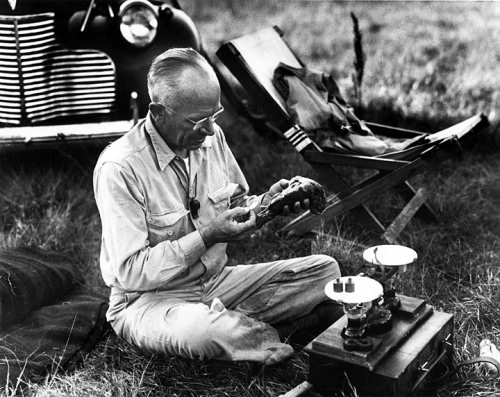 Photo: Aldo Leopold sitting on ground in front of car