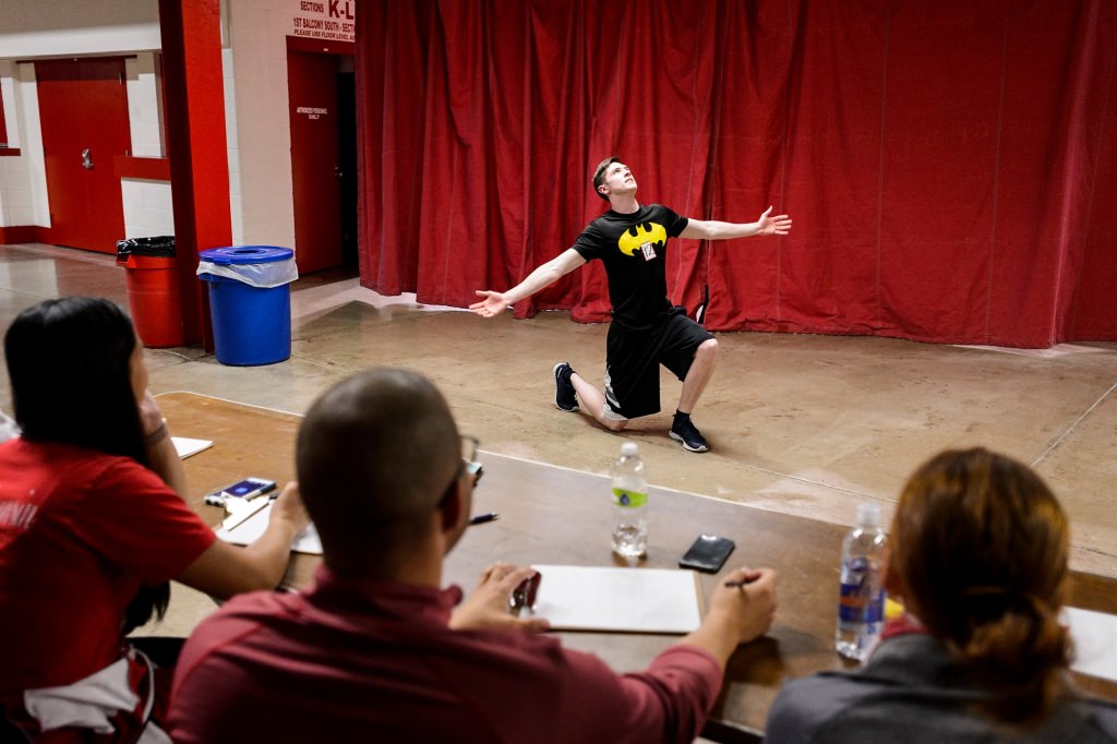 Sophomore Kyle Thompson improvises a one-minute rhythm and dance routine before a panel of judges during preliminary tryouts for one of seven positions on the 2017-2018 Bucky Badger mascot team. The event was held at the Field House at the University of Wisconsin-Madison on April 17, 2017. Thompson ultimately did not make the team. (Photo by Jeff Miller/UW-Madison)