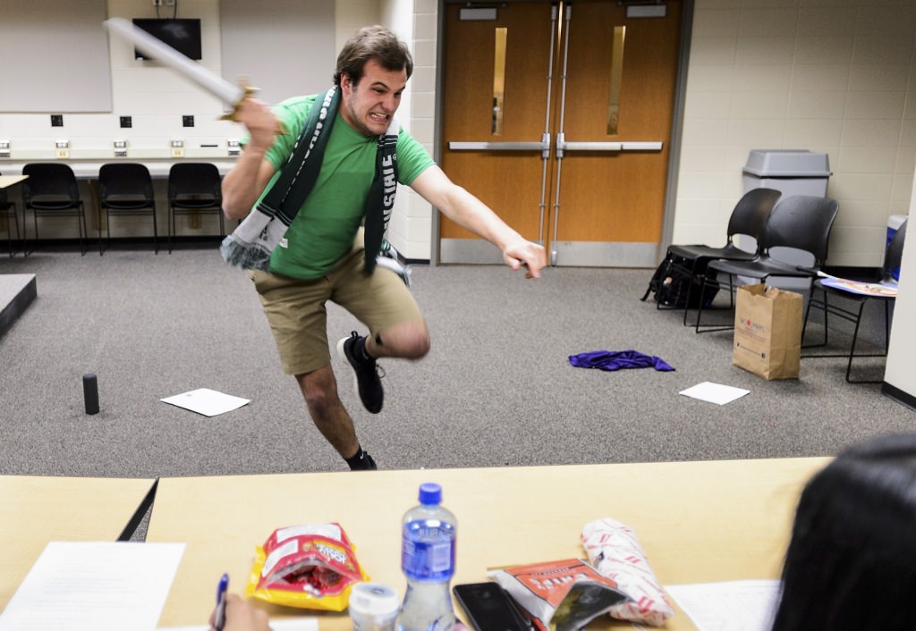 Dressed in Michigan State attire, first-year student Keegan Gallup performs a two-minute skit – an ode to all the Big Ten campus mascots – before interviewing with a panel of judges during a final tryout session for one of seven positions on the 2017-2018 Bucky Badger mascot team. The event was held in the Field House media center at the University of Wisconsin-Madison on April 19, 2017. Gallup ultimately made the team. (Photo by Jeff Miller/UW-Madison)