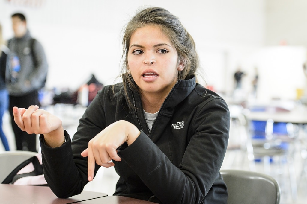 Kenadi Mayo, student at Lakeland Union High School in Woodruff, WI and member of the Chippewa tribal community, is interviewed on May 1, 2017. Mayo is a participant in the Tribal Technology Institute outreach program created by the Division of Information Technology (DoIT) at the University of Wisconsin–Madison, which is designed as a college pipeline program for members of the Oneida Nation and Lac du Flambeau tribal communities in northern Wisconsin. In the program, students learn computer coding, website design and multimedia skills while working with mentors and completing internships. Additionally, the students spend time at the UW–Madison campus. (Photo by Bryce Richter / UW–Madison)