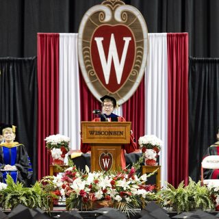 Chancellor Rebecca Blank address the crowd during UW-Madison's spring commencement ceremony at the Kohl Center.