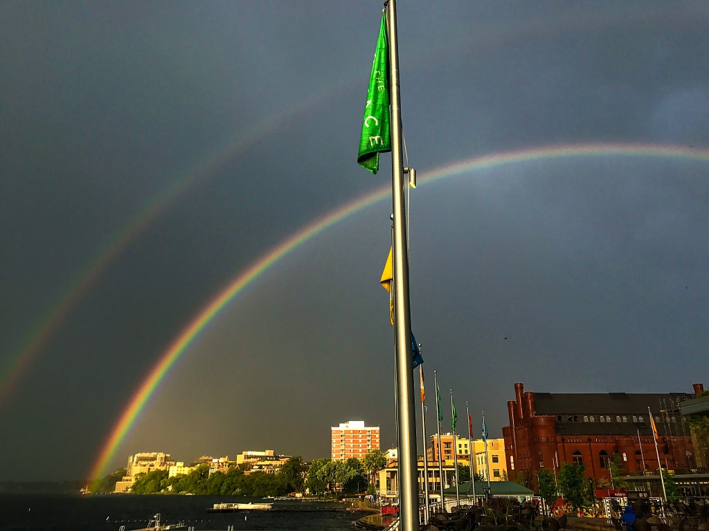 Memorial Day afternoon shower cast vivid display of color over Lake Mendota Monday. (Photo by Hyunsoo Leo Kim | University Communications)