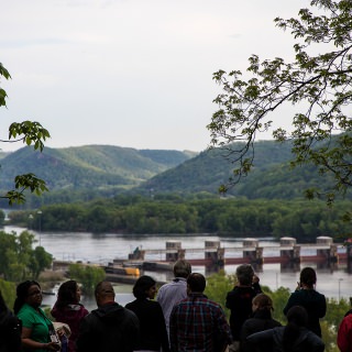 Seminar participants were rewarded with a stunning view of the Mississippi River after a hike up the Little Bluff Mounds Interpretive Trail in Trempealeau.