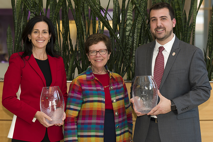 Chancellor Rebecca Blank, center, with the winners of UW–Madison’s annual Entrepreneurial Achievement Awards — Michele Boal and Troy Vosseller.