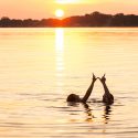 Having stayed up all night, undergraduates Loran Zweifelhofer and Willis Perley form a W hand sign as they greet the morning sunrise over Lake Mendota with a swim from the Goodspeed Family Pier near the Memorial Union Terrace at the University of Wisconsin-Madison on June 19, 2015. The two friends met during their freshman year and are now seniors. (Photo by Jeff Miller/UW-Madison)