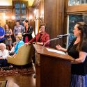 Emily Auerbach, professor of English at UW-Madison, receives the 2017 LaMarr Billups Community-University Engagement Award during a 2017 Community-University Partnership Award event at Olin House, the Chancellor's residence at the University of Wisconsin-Madison on June 28, 2017. Presenting the awards are UW-Madison Chancellor Rebecca Blank and Leslie Orrantia, UW-Madison director of community relations. (Photo by Jeff Miller / UW-Madison)