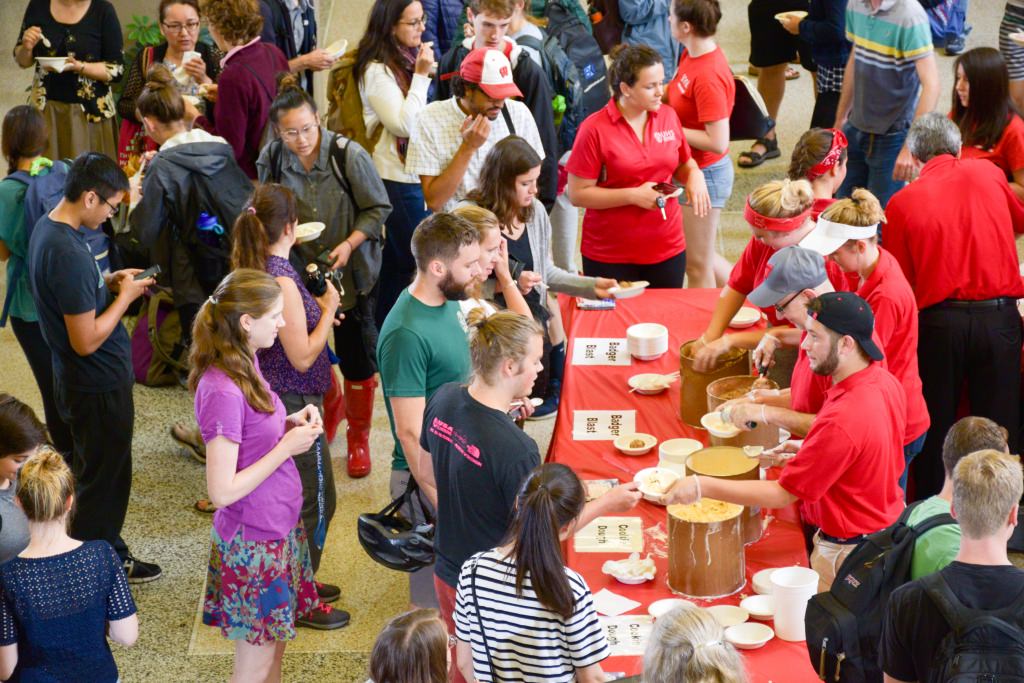 On Wednesday, July 12 the Summer Term staff hosted an ice cream social for students, faculty and staff. Celebrating the thriving environment on campus this summer, the team dished out 45 gallons of Babcock Dairy ice cream to more than 1,000 guests, joined by Bucky Badger and the UW marching band. (Photo by David F. Giroux)