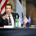 Ian Khama, president of the Republic of Botswana, answers questions from members of a round-table discussion session hosted by the Division of International Studies at the Pyle Center at the University of Wisconsin-Madison on July 28, 2017. Earlier in the day, President Khama was presented with a Global Citizen Award. (Photo by Bryce Richter / UW-Madison)