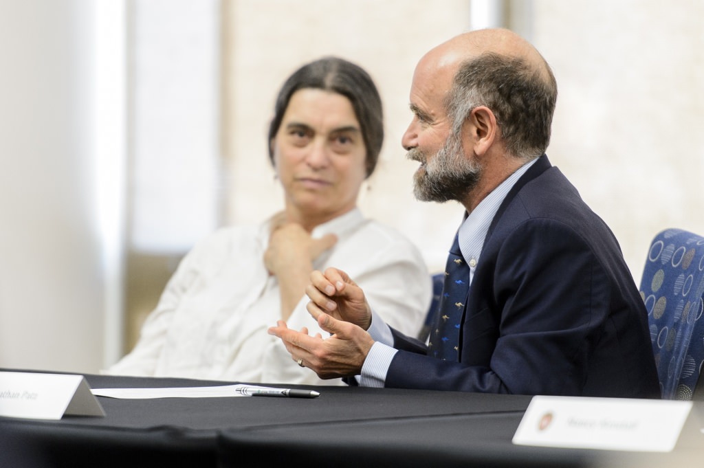 Jonathan Patz (right), director of the Global Health Institute at the University of Wisconsin-Madison, speaks with Ian Khama, president of the Republic of Botswana, during a round-table discussion session hosted by the Division of International Studies at the Pyle Center at the University of Wisconsin-Madison on July 28, 2017. Earlier in the day, President Khama was presented with a Global Citizen Award. (Photo by Bryce Richter / UW-Madison)