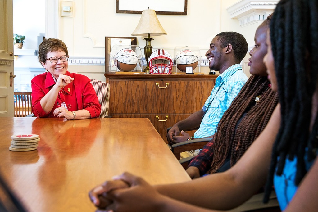 UW-Madison Chancellor Rebecca Blank meets with the King-Morgridge Scholars in her office on Aug. 16. The scholarship is for high-achieving students from Africa, Latin America, the Caribbean, Southeast Asia and South Asia.
