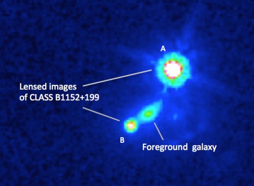 Photo: Hubble Space Telescope image of the gravitational lensing system in the new research. The background quasar is lensed by the foreground galaxy into images A and B.