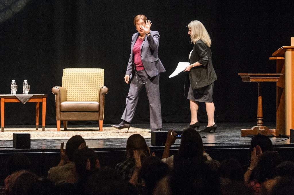 Associate U.S. Supreme Court Justice Elena Kagan (left) speaks with UW Law School dean Margaret Raymond (right) during an question and answer event at the Memorial Union's Shannon Hall at the University of Wisconsin-Madison on Sept. 8, 2017. (Photo by Bryce Richter / UW-Madison)