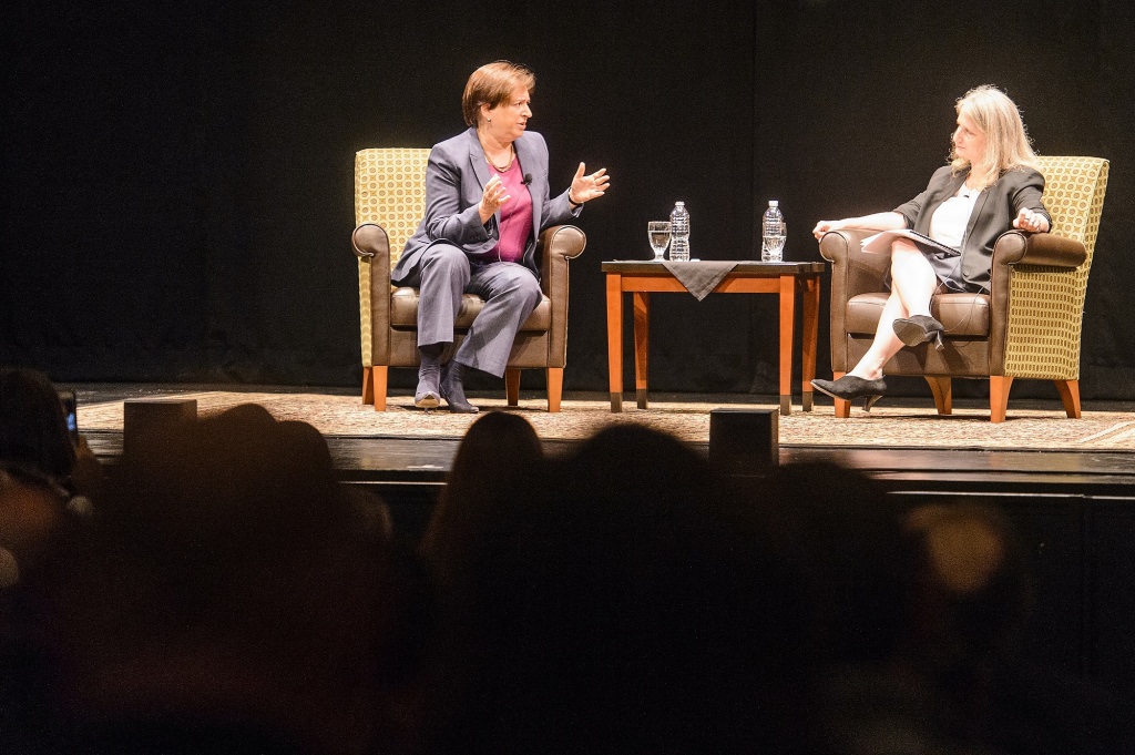 Associate U.S. Supreme Court Justice Elena Kagan (left) speaks with UW Law School dean Margaret Raymond (right) during an question and answer event at the Memorial Union's Shannon Hall at the University of Wisconsin-Madison on Sept. 8, 2017. (Photo by Bryce Richter / UW-Madison)