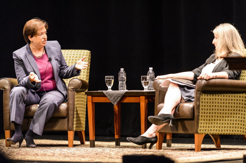 Associate U.S. Supreme Court Justice Elena Kagan (left) speaks with UW Law School dean Margaret Raymond (right) during an question and answer event at the Memorial Union's Shannon Hall at the University of Wisconsin-Madison on Sept. 8, 2017. (Photo by Bryce Richter / UW-Madison)