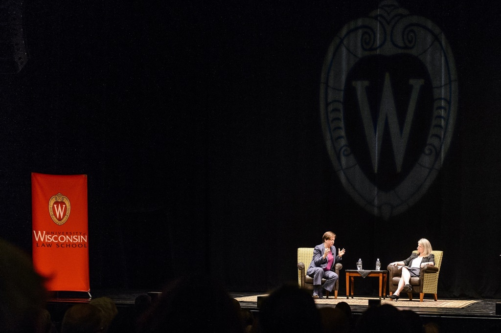 Associate U.S. Supreme Court Justice Elena Kagan (left) speaks with UW Law School dean Margaret Raymond (right) during an question and answer event at the Memorial Union's Shannon Hall at the University of Wisconsin-Madison on Sept. 8, 2017. (Photo by Bryce Richter / UW-Madison)