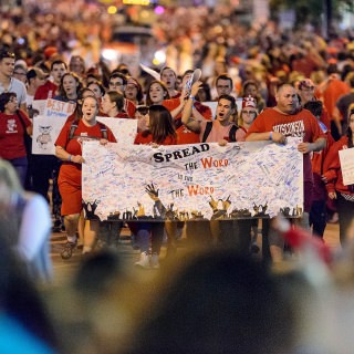 Members of Best Buddies UW Madison make their way down State Street during the annual Homecoming Parade at the University of Wisconsin-Madison on Oct. 20, 2017. (Photo by Bryce Richter / UW-Madison)