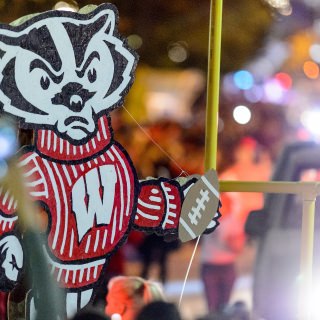 A parade float featuring iconic UW mascot Bucky Badger makes its way down State Street during the annual Homecoming Parade at the University of Wisconsin-Madison on Oct. 20, 2017. (Photo by Bryce Richter / UW-Madison)