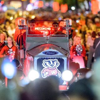 The Bucky Wagon make its way down State Street during the annual Homecoming Parade at the University of Wisconsin-Madison on Oct. 20, 2017. (Photo by Bryce Richter / UW-Madison)