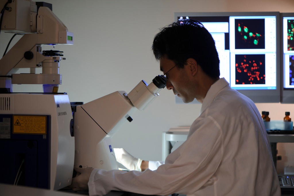 Photo: Researcher looking into microscope in darkened lab