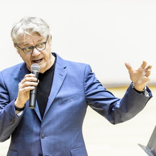 Rock and roll musician Steve Miller, a former UW-Madison student and Milwaukee native, holds a public talk discussing careers in the music business at the Mills Concert Hall at the University of Wisconsin-Madison on Oct. 19, 2017. The event was attended by UW-Madison music students and members of the Madison community. (Photo by Bryce Richter / UW-Madison)