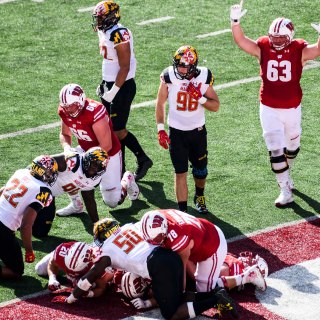 Wisconsin full back Austin Ramesh (20) makes it to the end zone for a touchdown as the Wisconsin Badgers take on the Maryland Terrapins during a UW Homecoming football game at Camp Randall Stadium at the University of Wisconsin-Madison on Oct. 21, 2017. Wisconsin won the game, 38-13. (Photo by Jeff Miller / UW-Madison)