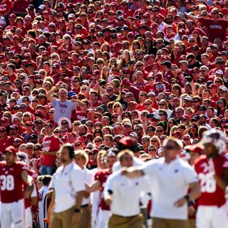 Badger fans react to a play as the Wisconsin Badgers take on the Maryland Terrapins during a UW Homecoming football game at Camp Randall Stadium at the University of Wisconsin-Madison on Oct. 21, 2017. Wisconsin won the game, 38-13. (Photo by Jeff Miller / UW-Madison)