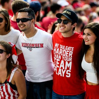 Badger fans enjoy the day as the Wisconsin Badgers take on the Maryland Terrapins during a UW Homecoming football game at Camp Randall Stadium at the University of Wisconsin-Madison on Oct. 21, 2017. Wisconsin won the game, 38-13. (Photo by Jeff Miller / UW-Madison)