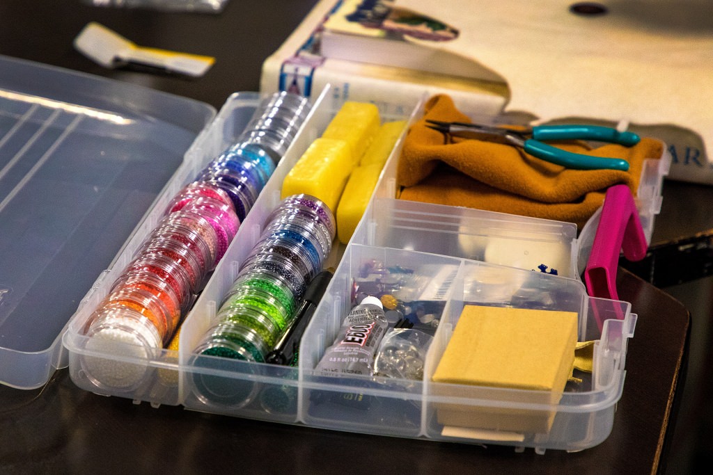 Workshop attendees had access to a colorful array of beads and gemstones that are often used in contemporary Native American beadworks. To celebrate Native American Heritage Month, student group Wunk Sheek hosted a bead workshop designed to teach contemporary Native American styles at Chadbourne Residence Hall at the University of WisconsinÐMadison in Madison, WI on Tuesday, November 14, 2017. (Photo by Nate Moll | University Communications)