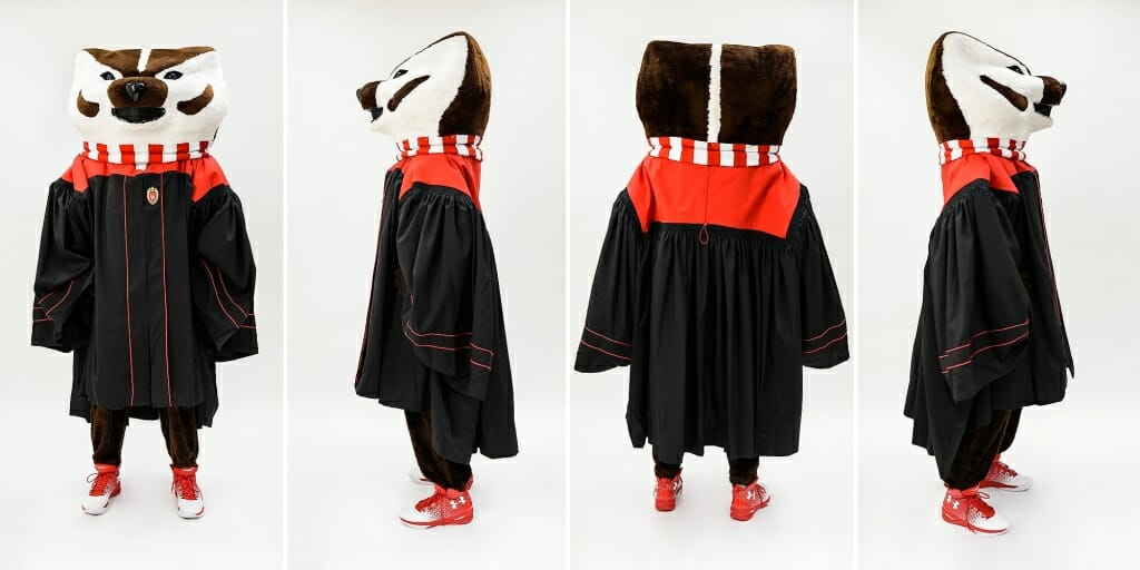 Photo: Four views of Bucky Badger wearing black and red gown