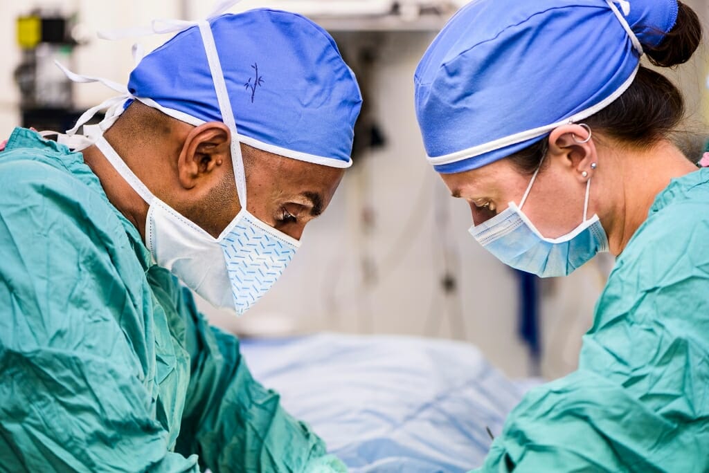 Photo of Dhanu Shamuganayagam and Jen Meudt preparing to transplanting the genetically edited pig embryos into the host mother.