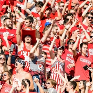 UW students cheer and jump during Jump Around at the start of the fourth quarter during the UW Homecoming football games versus Maryland inside Camp Randall Stadium at the University of Wisconsin-Madison on Oct. 21, 2017. The Badgers won the game 38-13. (Photo by Bryce Richter / UW-Madison)