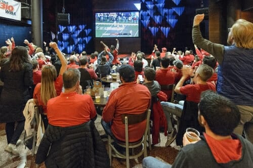 UW Badger fans gather together inside The Sett at Union South to watch the Big Ten Championship game between Wisconsin and Ohio State on Dec. 2, 2017. photo by bryce richter