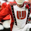 UW Marching Band drum major Gus Quade, a fifth-year senior, performs during a fifth quarter celebration following the Wisconsin Badgers' 24-10 football victory over the Michigan Wolverines at Camp Randall Stadium at the University of Wisconsin-Madison on Nov. 18, 2017. (Photo by Jeff Miller / UW-Madison)