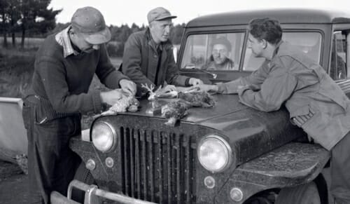 Photo: Hickey and unidentified men looking at birds on hood of a Jeep