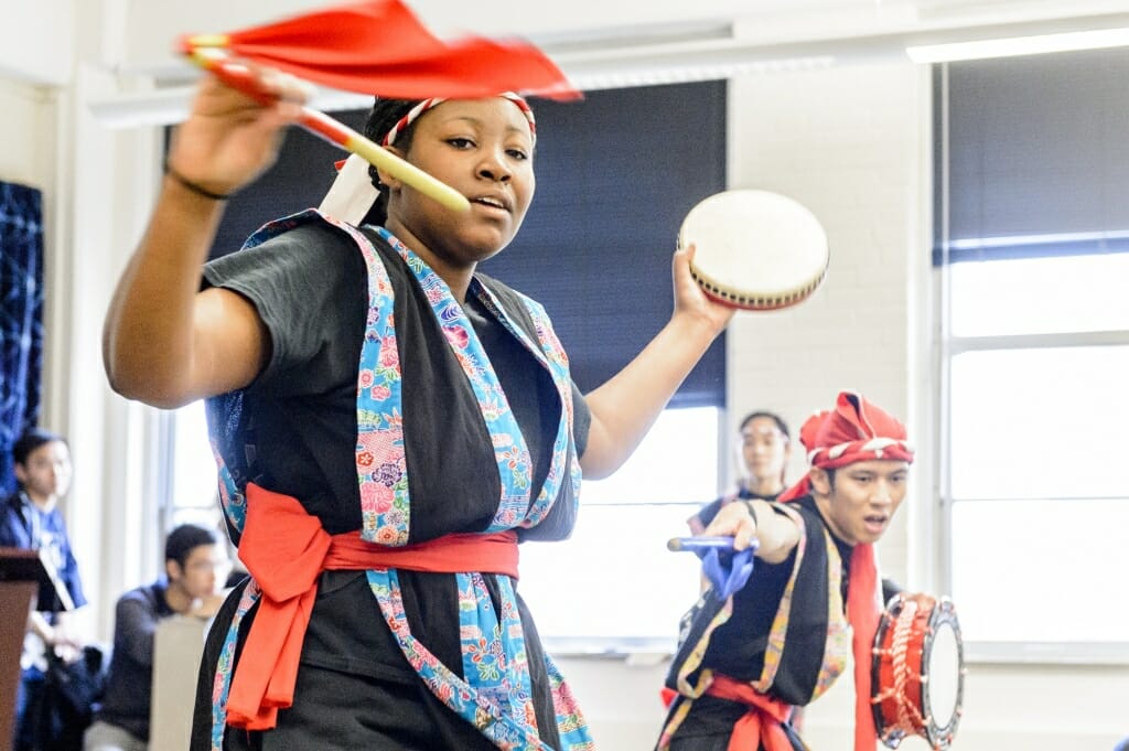 Members of Anaguma Eisa, the UW-Madison Okinawa taiko drumming club, perform during a Japanese Student Association (JSA) cultural celebration event inside Ingraham Hall at the University of Wisconsin-Madison on Dec. 2, 2017. The event was a collaborative effort with a number of UW student organizations to promote Asian culture. (Photo by Bryce Richter / UW-Madison)