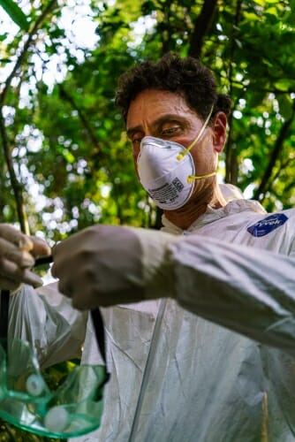 Photo: Tony Goldberg wearing face mask and protective gear in jungle