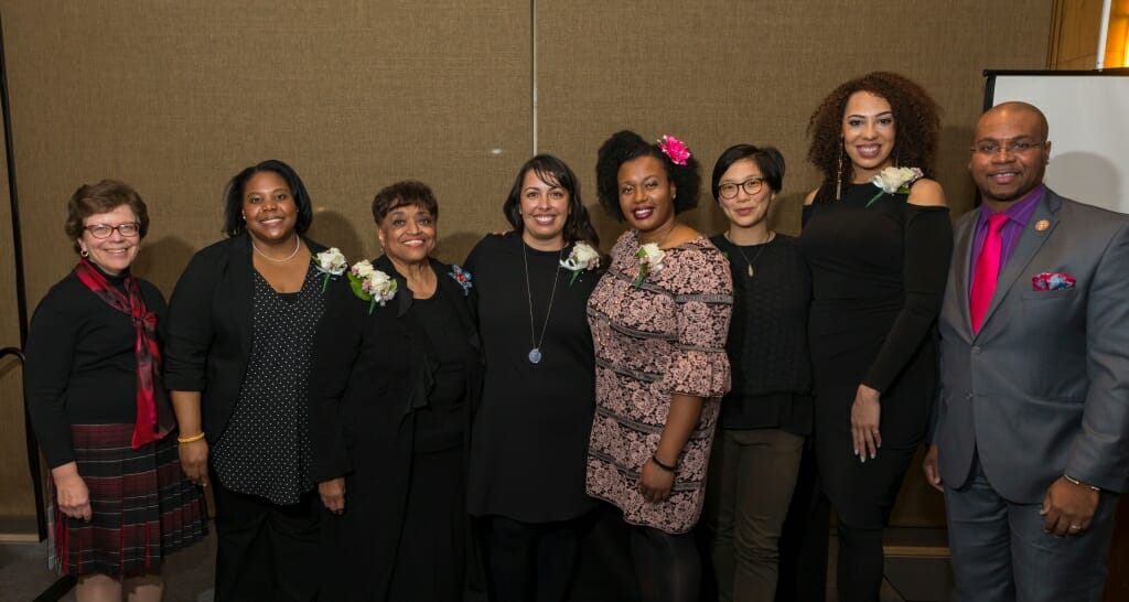 Chancellor Rebecca Blank, far left, congratulated the 10th anniversary cohort of the UW-Madison Outstanding Women of Color honorees at the annual reception on Feb. 22, at the Pyle Center. Pictured are, from left, Blank, honorees Christy Clark-Pujara, Barbara Nichols, Taucia Gonzales, Beverly Hutcherson, Helen Lee and Brianna Young with Vice Provost and Chief Diversity Officer Patrick J. Sims.