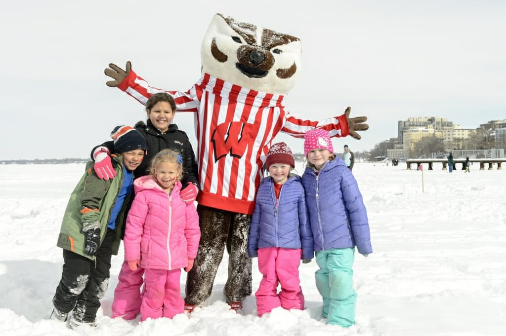 Photo of future Badgers taking a photo with Bucky.