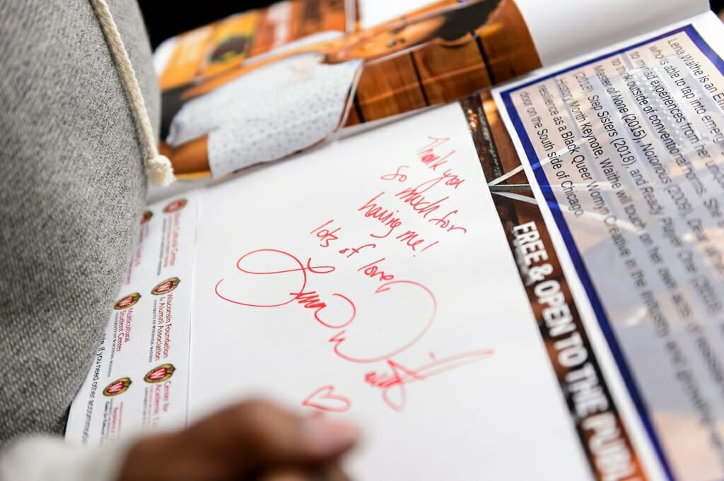 Waithe's note in the guest book for the Wisconsin Union Directorate's Distinguished Lecture Series.