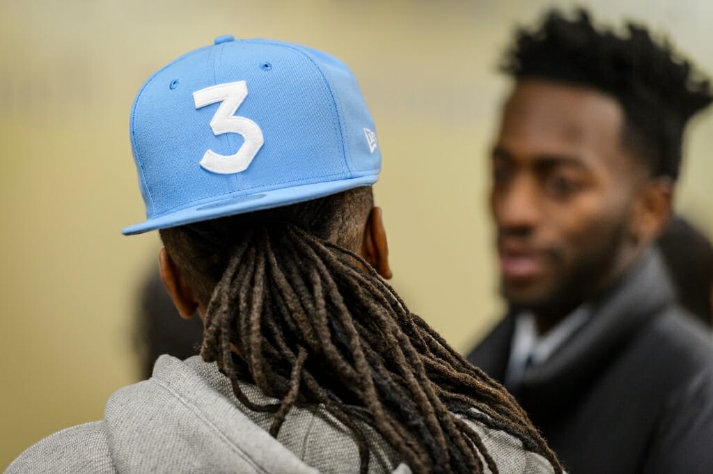 Waithe, wearing a Chance the Rapper 3 hat, talks with UW-Madison students.