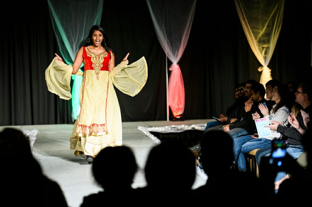 Student Vishnu Aravati models a churidar, a garment worn for formal events or special holidays in India.