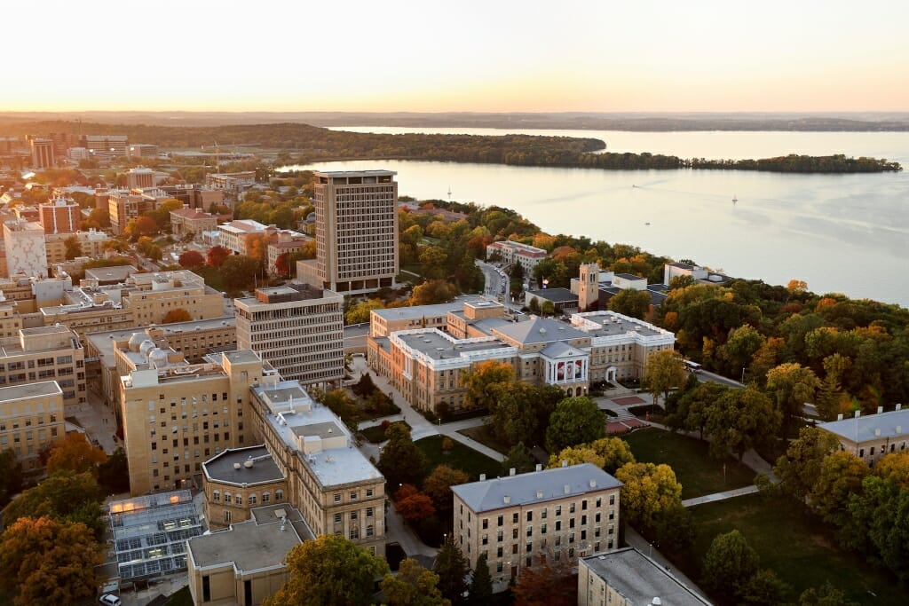 Photo: Aerial view of campus with Bascom Hall in the center