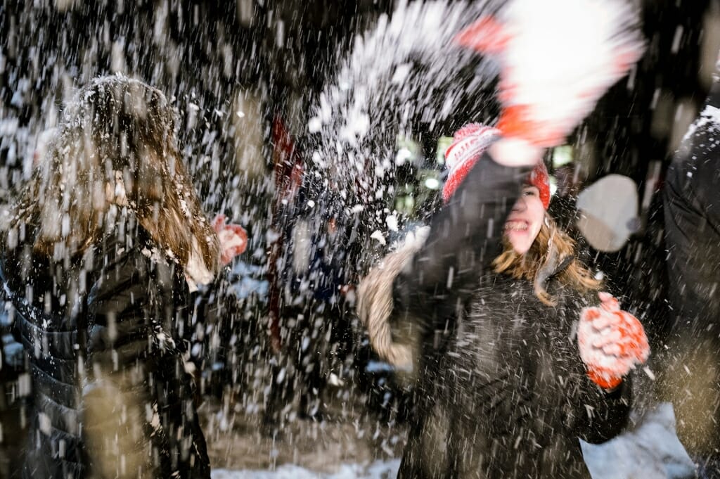 Photo of snow showering the crowd.